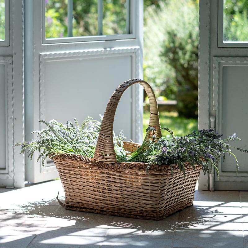Basket of lavender blooms just inside a garden cotttage.