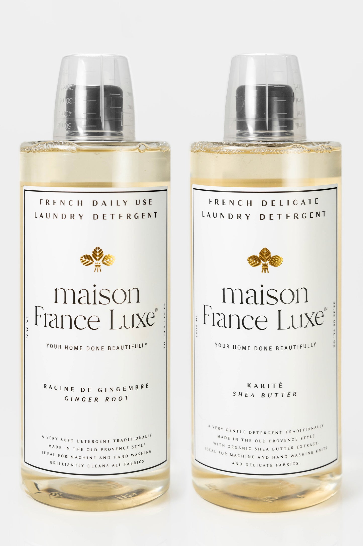 Luxury laundry detergent bundle includes 1 Ginger Root scented daily use detergent and 1 delicate laundry detergent, made in France
