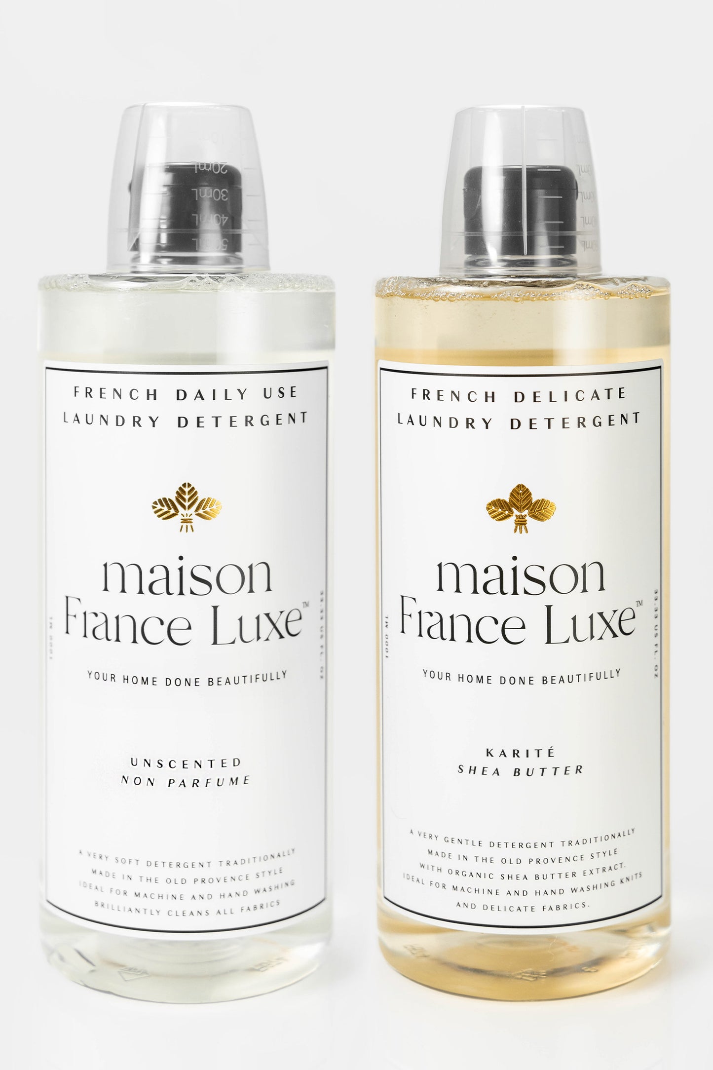 Luxury laundry detergent bundle includes 1 unscented daily use detergent and 1 delicate laundry detergent, made in France