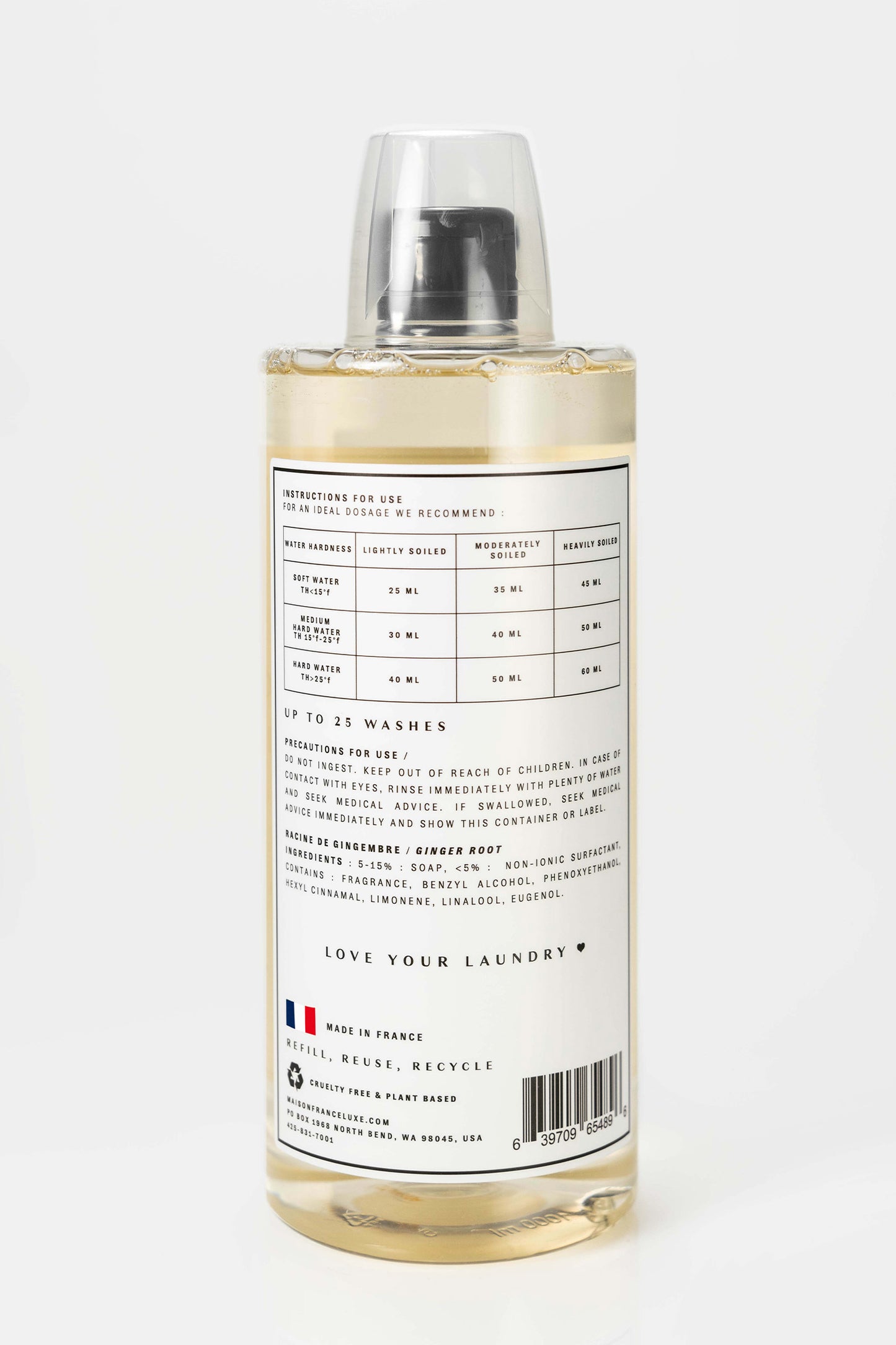 Ginger root, daily use laundry detergent, made in France with plant-based formula.