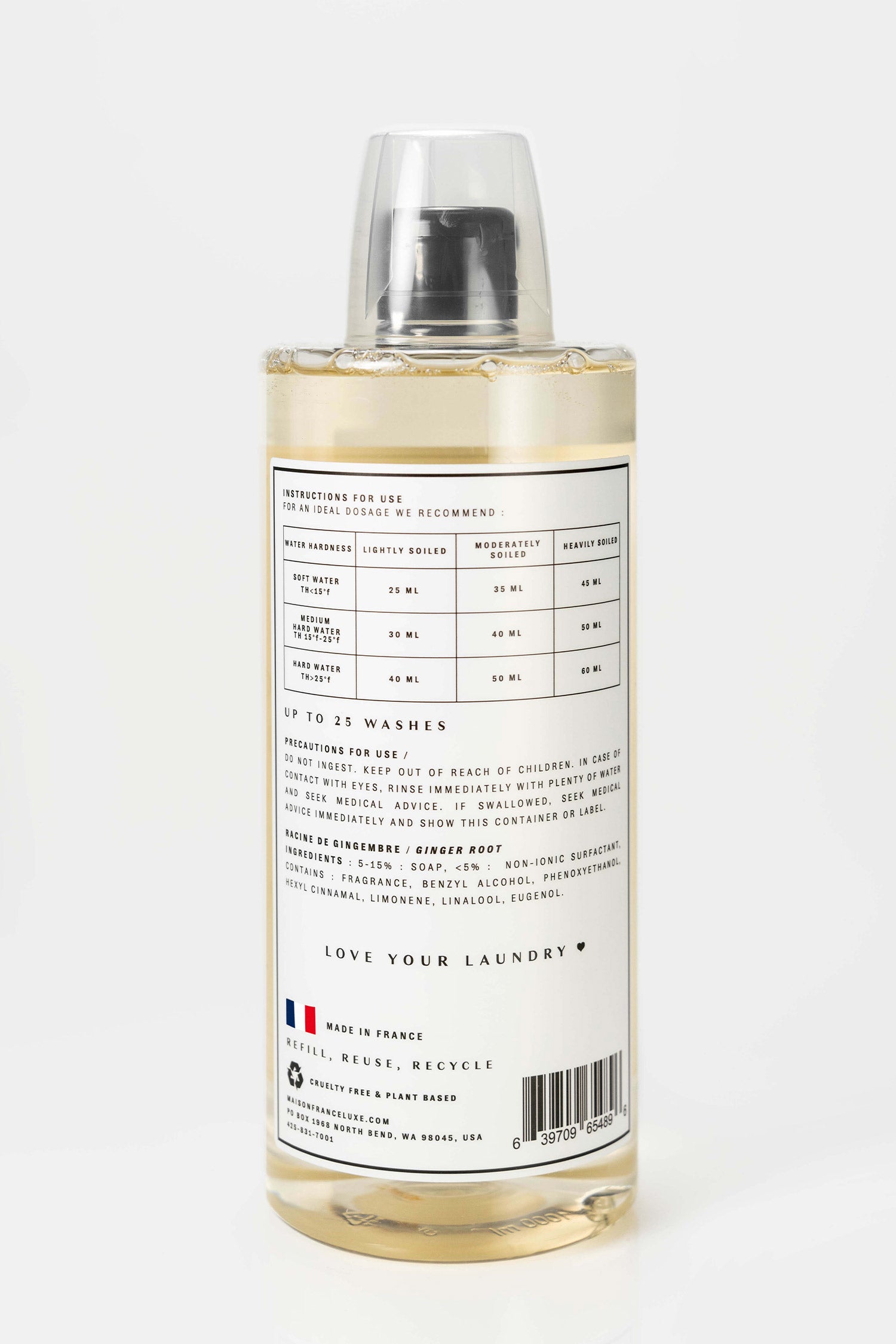 Ginger root, daily use laundry detergent, made in France with plant-based formula.