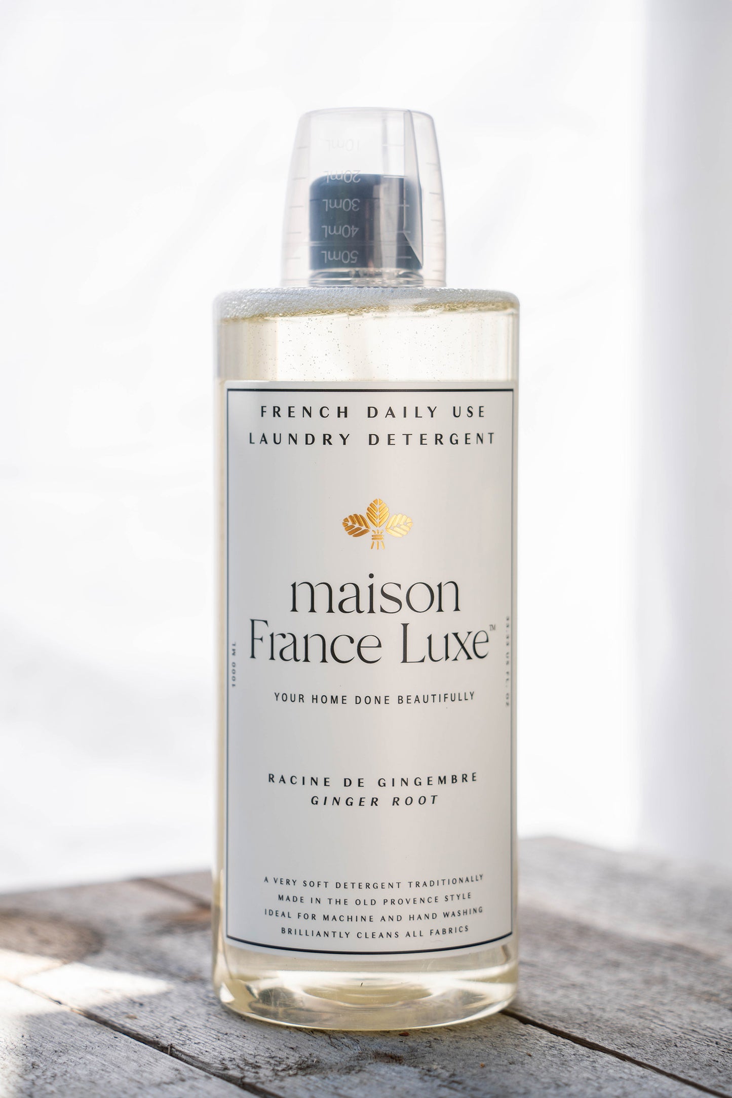Luxury Laundry detergent, made in France, Ginger Root scent, a warm and inviting blend of citrus and eucalyptus with a spicy kick of ginger, clove, and cinnamon. Everyday use laundry soap.