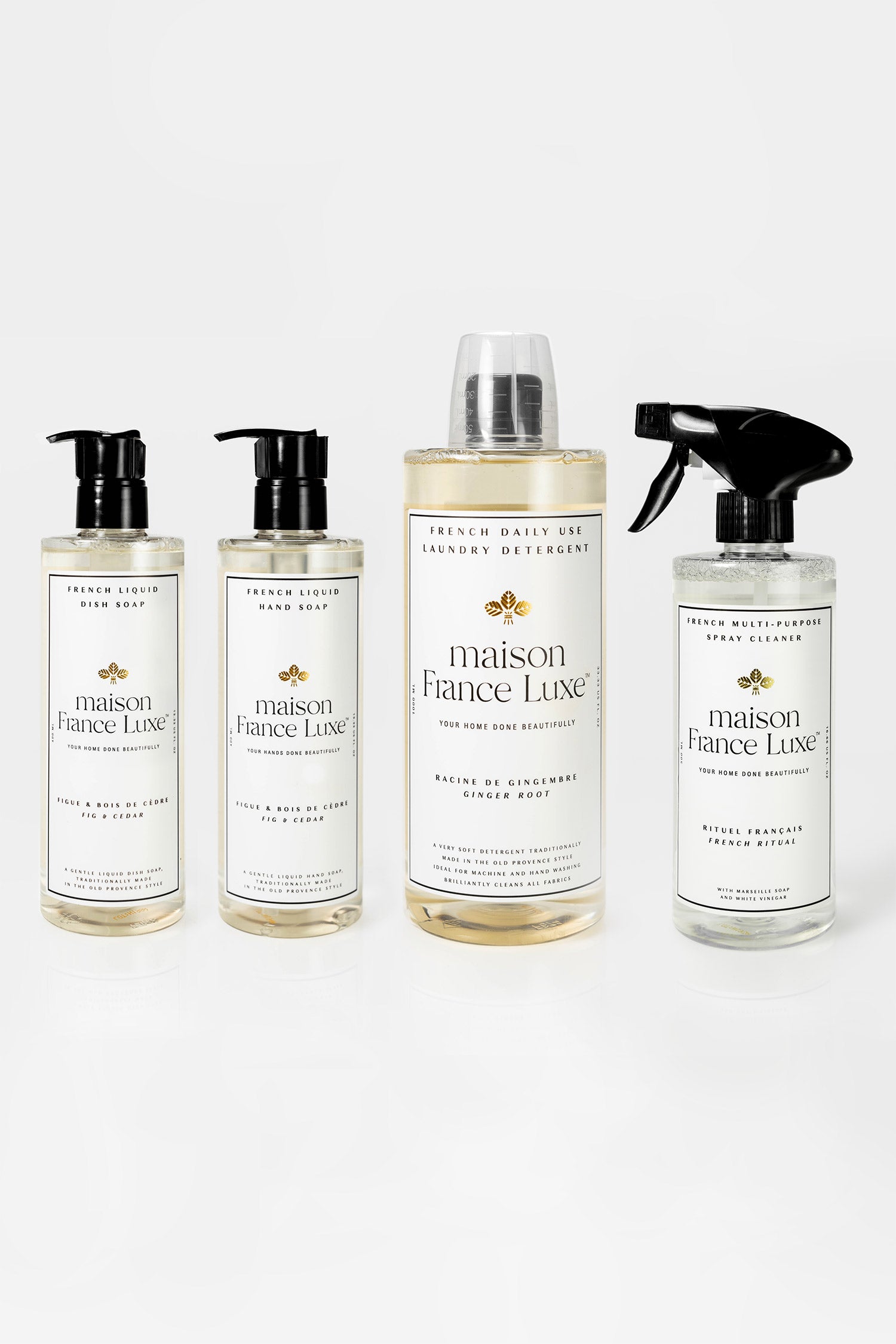 Natural & Luxurious Home Cleaning Bundle, includes Fig & Cedar dish soap and hand soap, Ginger Root laundry detergent and unscented multipurpose spray cleaner