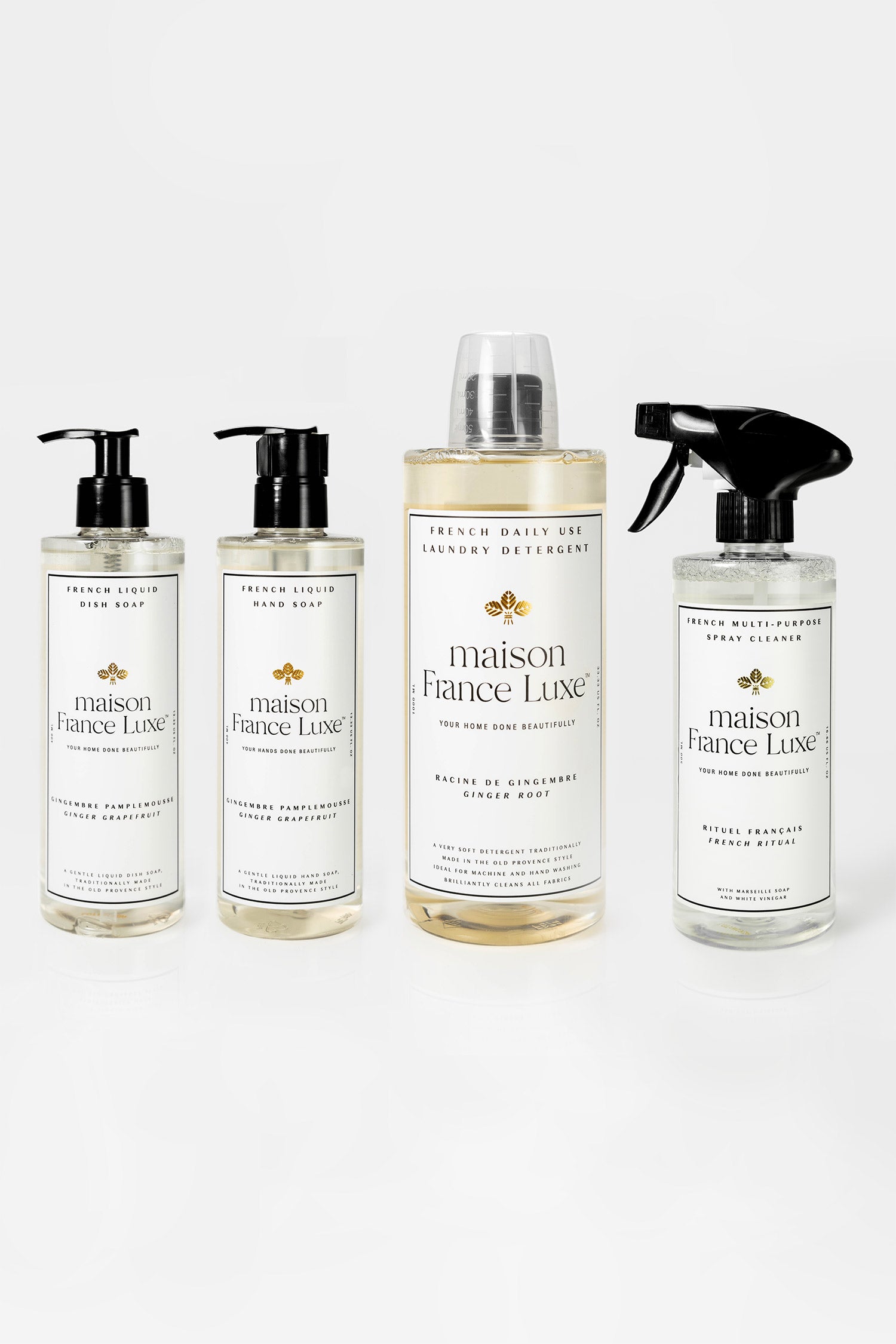 Natural & Luxurious Home Cleaning Bundle, includes Ginger Grapefruit dish soap and hand soap, Ginger Root laundry detergent and unscented multipurpose spray cleaner