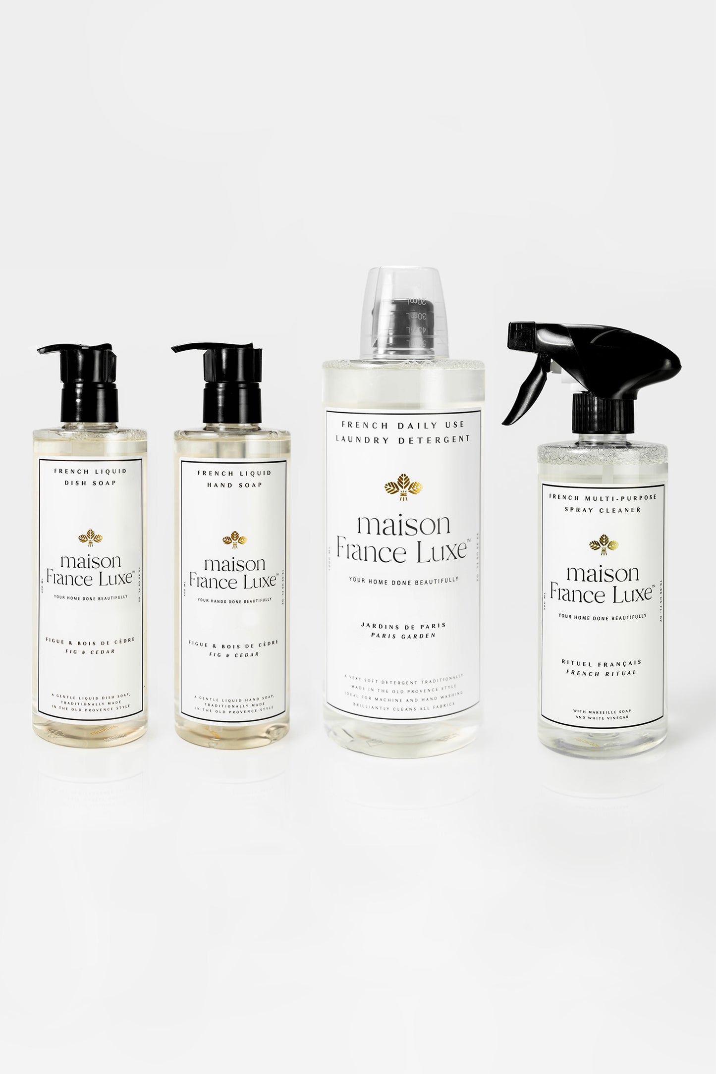 Natural & Luxurious Home Cleaning Bundle, includes Fig & Cedar dish soap and hand soap, Paris Garden laundry detergent and unscented multipurpose spray cleaner