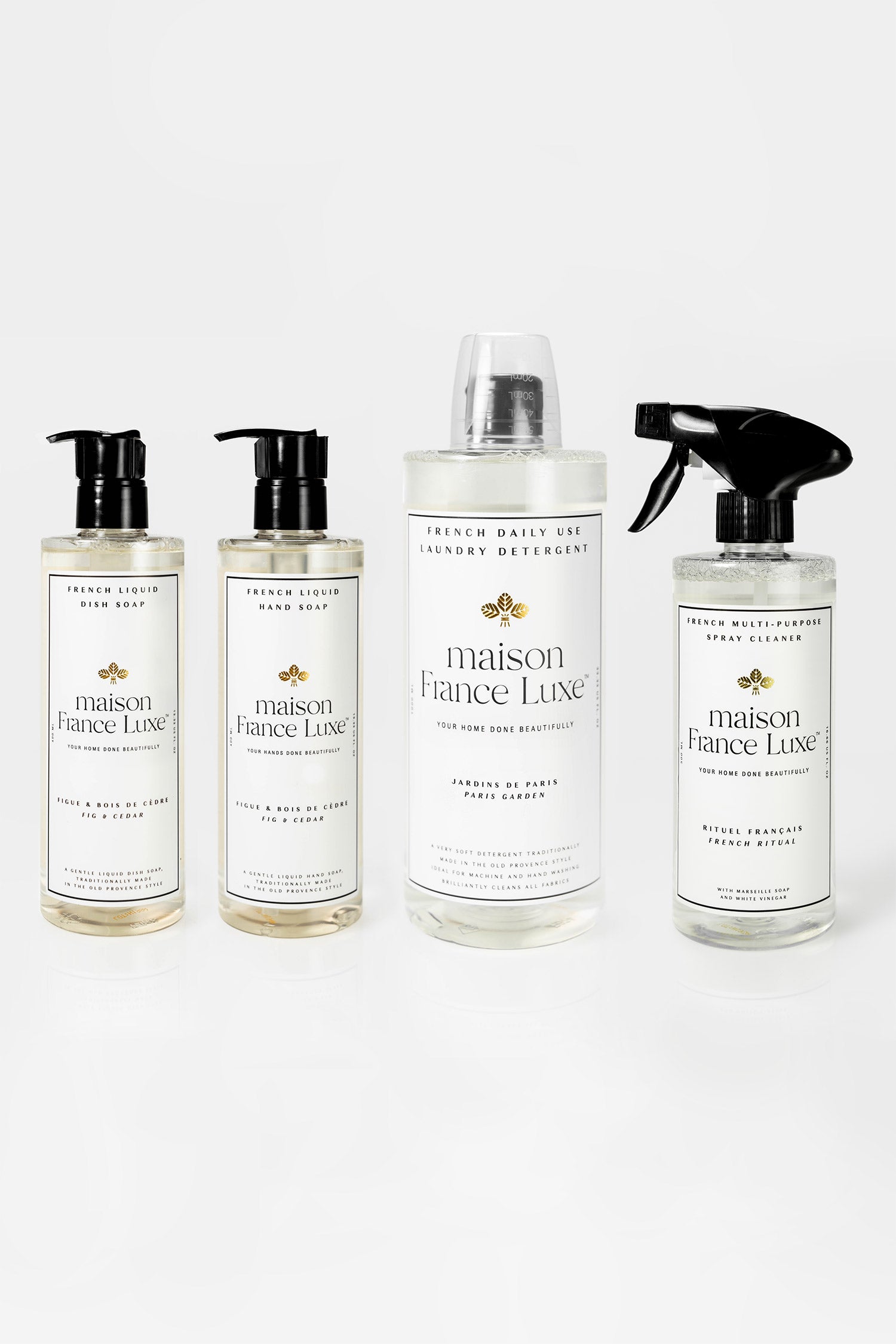 Natural & Luxurious Home Cleaning Bundle, includes Fig & Cedar dish soap and hand soap, Paris Garden laundry detergent and unscented multipurpose spray cleaner