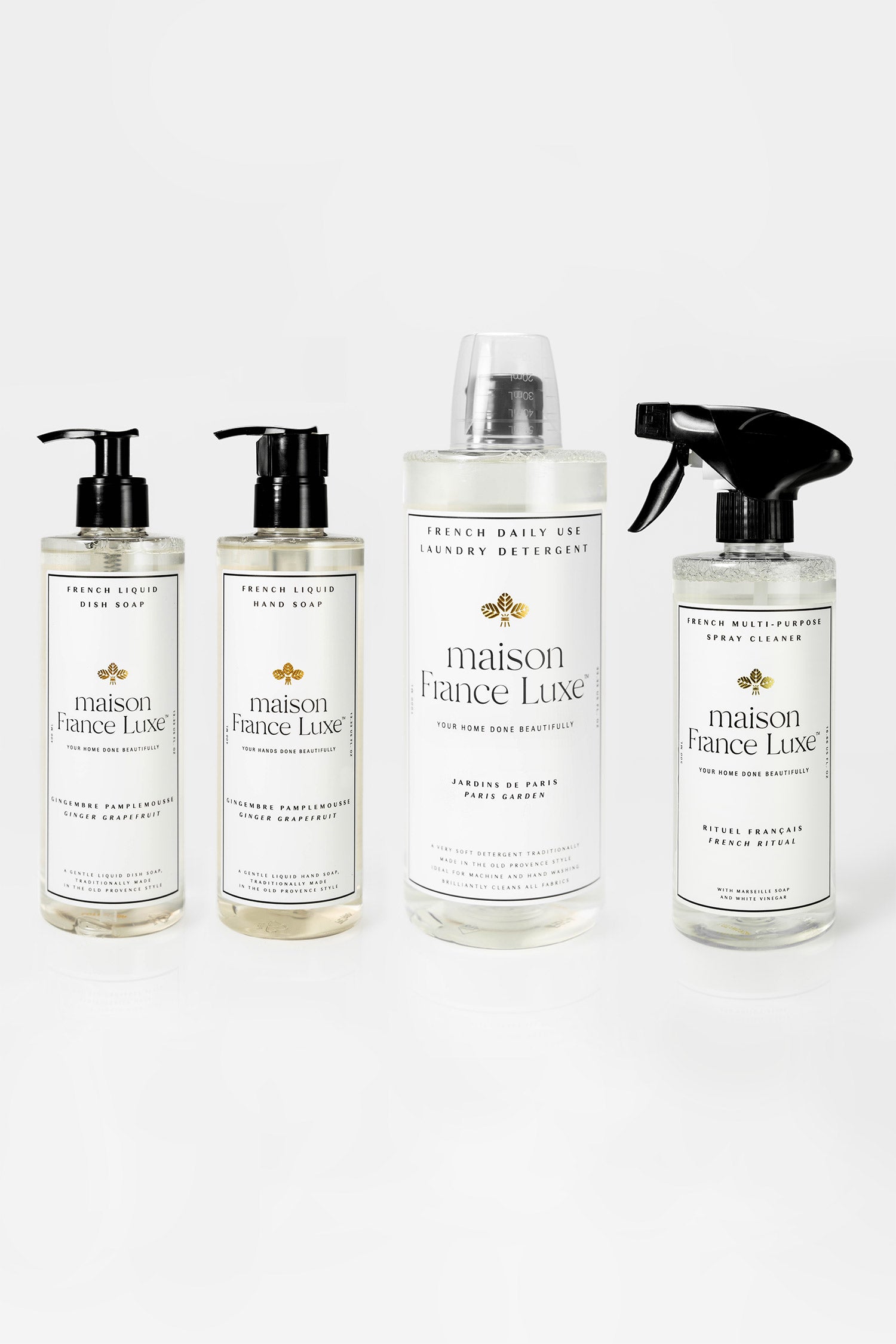 Natural & Luxurious Home Cleaning Bundle, includes Ginger Grapefruit dish soap and hand soap, Paris Garden laundry detergent and unscented multipurpose spray cleaner
