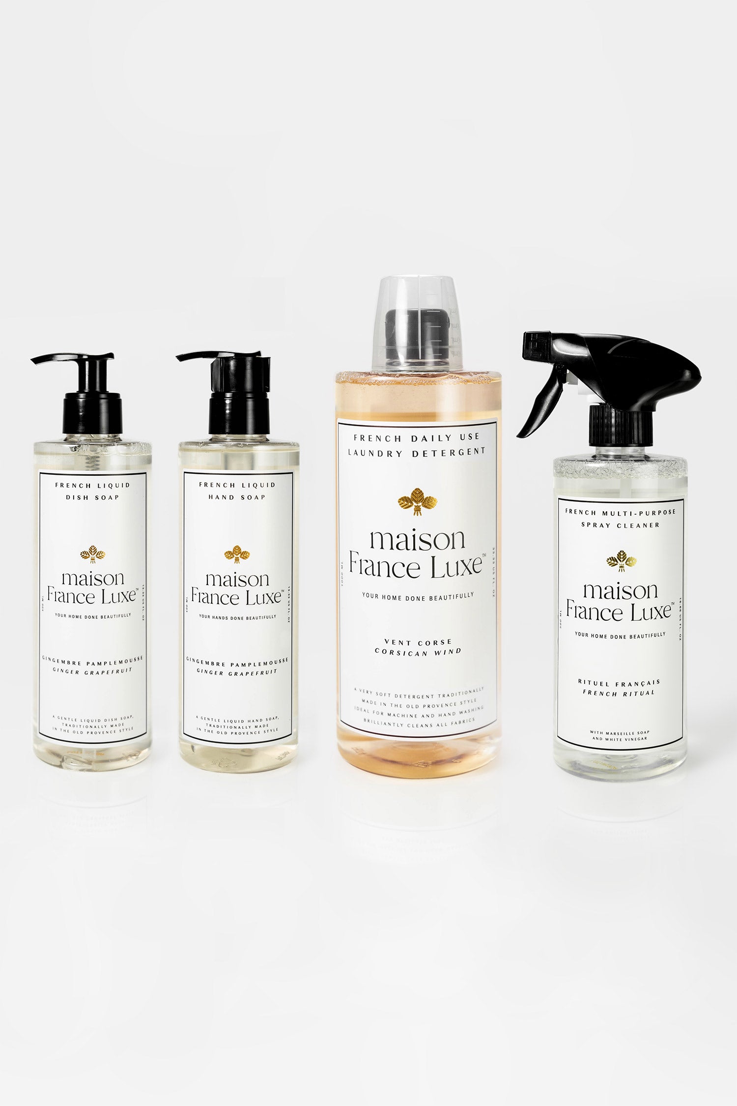 Natural & Luxurious Home Cleaning Bundle, includes Ginger Grapefruit dish soap and hand soap, Corsican Wind laundry detergent and unscented multipurpose spray cleaner