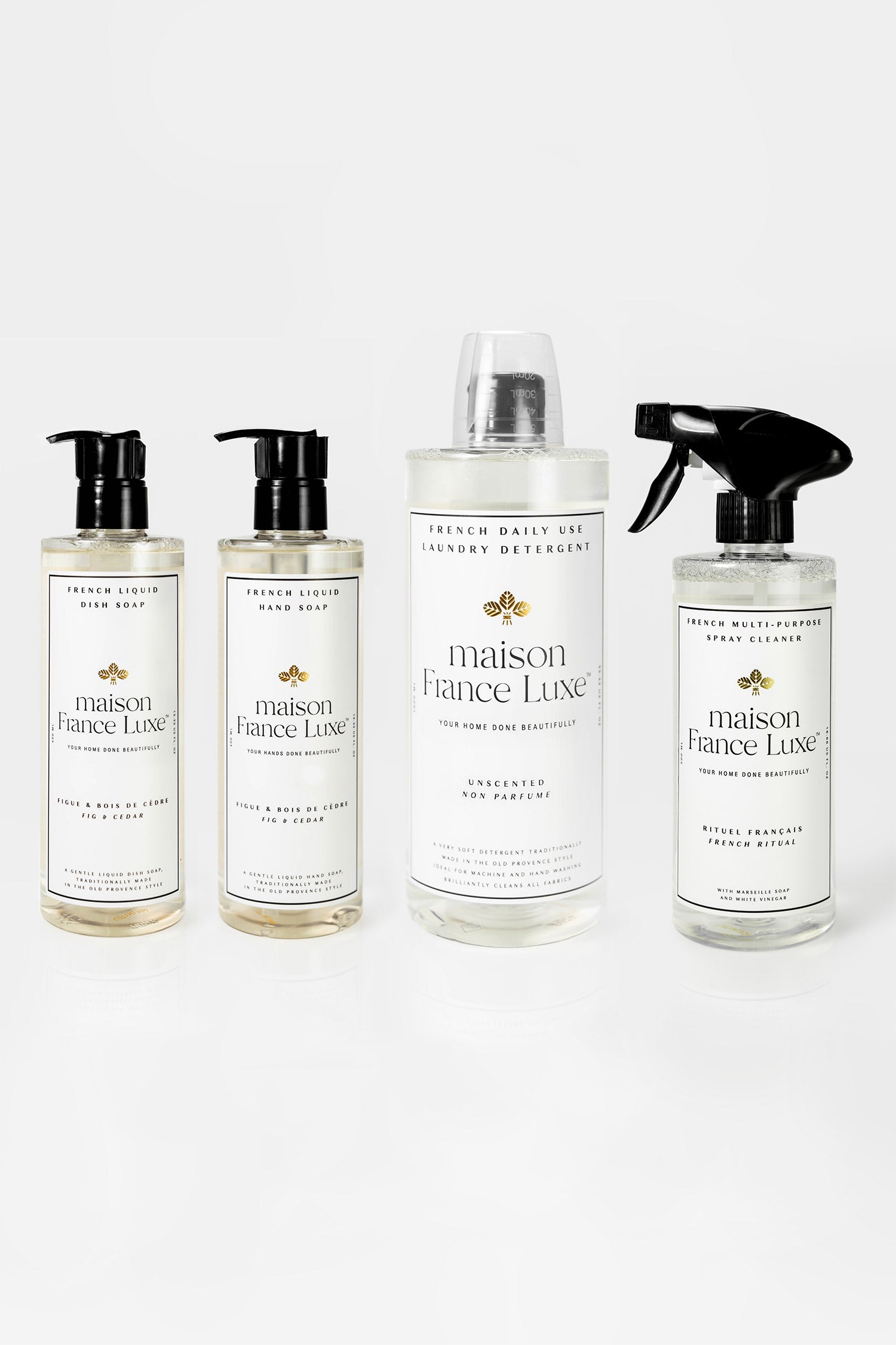 Natural & Luxurious Home Cleaning Bundle, includes Fig & Cedar dish soap and hand soap, Unscented laundry detergent and unscented multipurpose spray cleaner