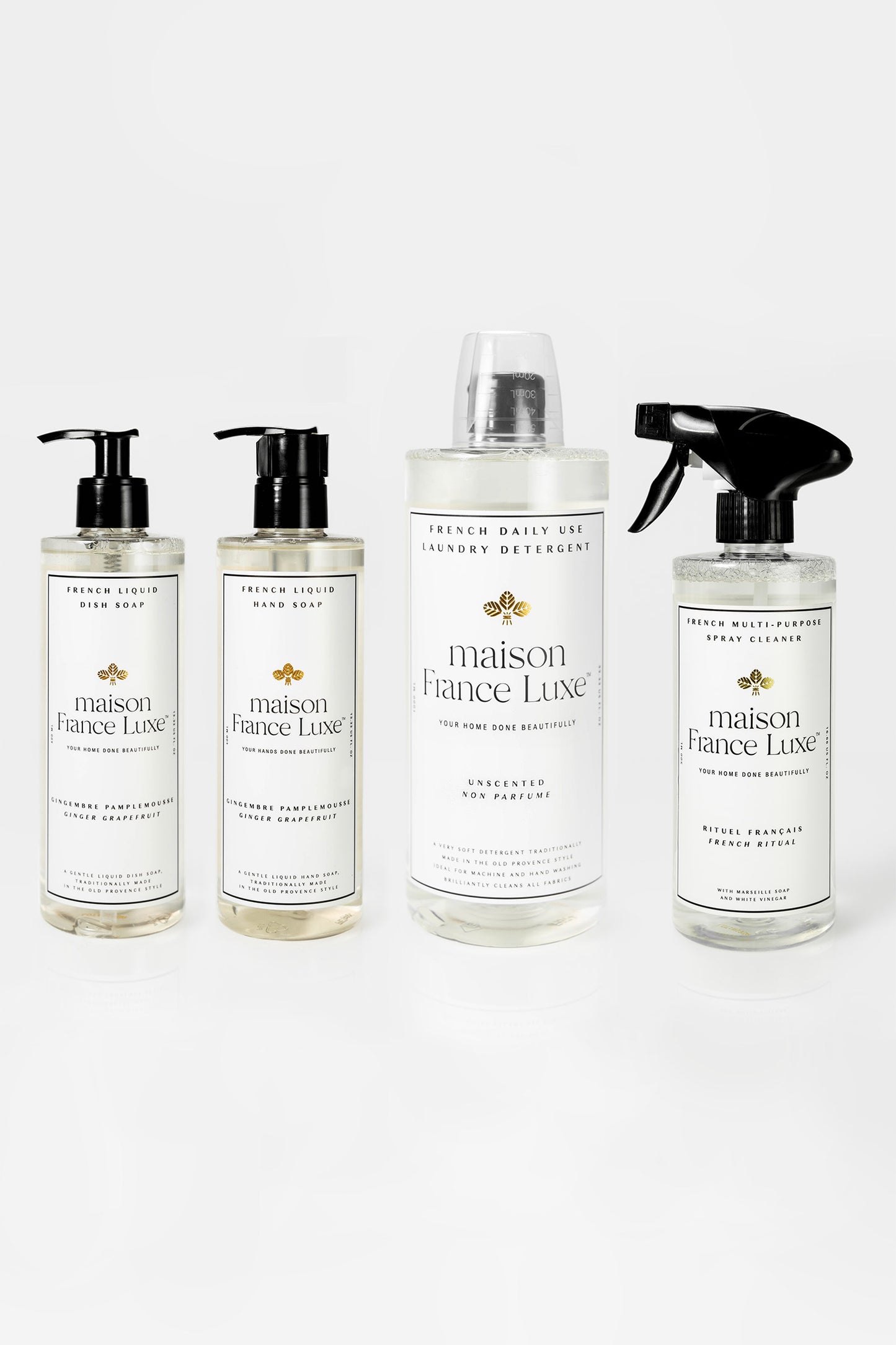 Natural & Luxurious Home Cleaning Bundle, includes Ginger Grapefruit dish soap and hand soap, Unscented laundry detergent and unscented multipurpose spray cleaner