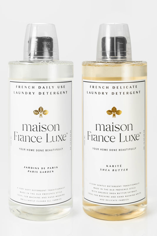 Luxury laundry detergent bundle includes 1 Paris garden scented daily use detergent and 1 delicate laundry detergent, made in France