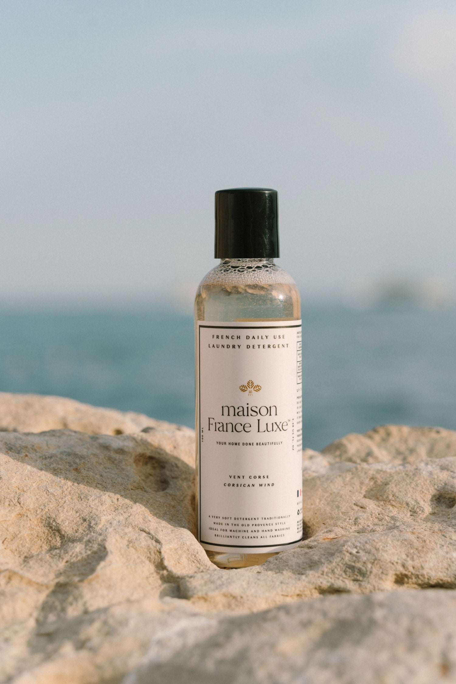 Luxury French Laundry Soap in a travel size. Corsican wind scent. Plant-based soap made in France.