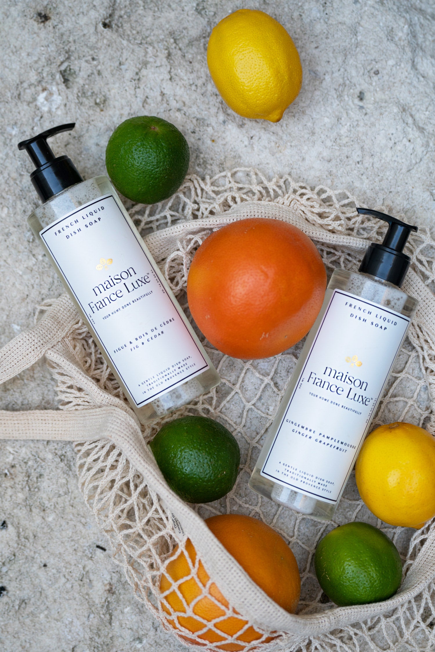 Natural Dish soap with luxurious scents and natural ingredients, made in France. Fig & cedar, and Ginger Grapefruit.