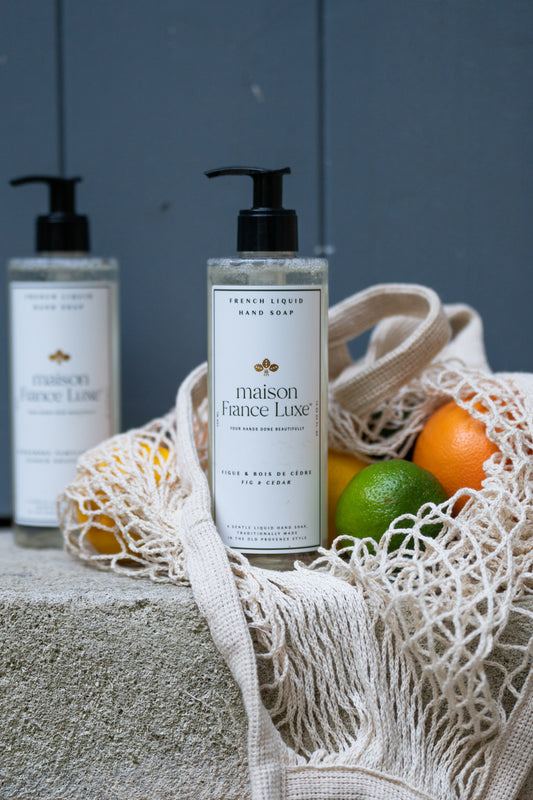Natural Hand Soap made with France with plant-based ingredients. Luxurious Fig & Cedar, or Ginger Grapefruit scents.