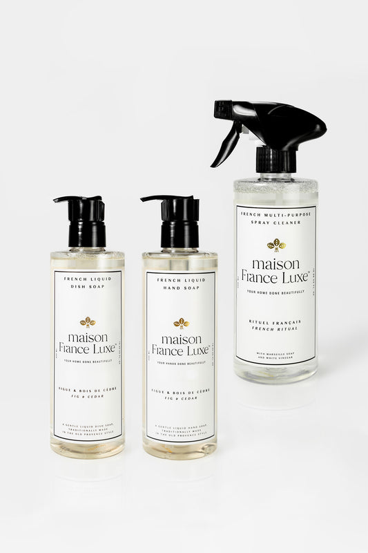 Maison France Luxe Countertop Cleaning Bundle, includes Fig & Cedar scented natural dish soap and luxurious hand soap, and natural unscented multipurpose cleaning spray