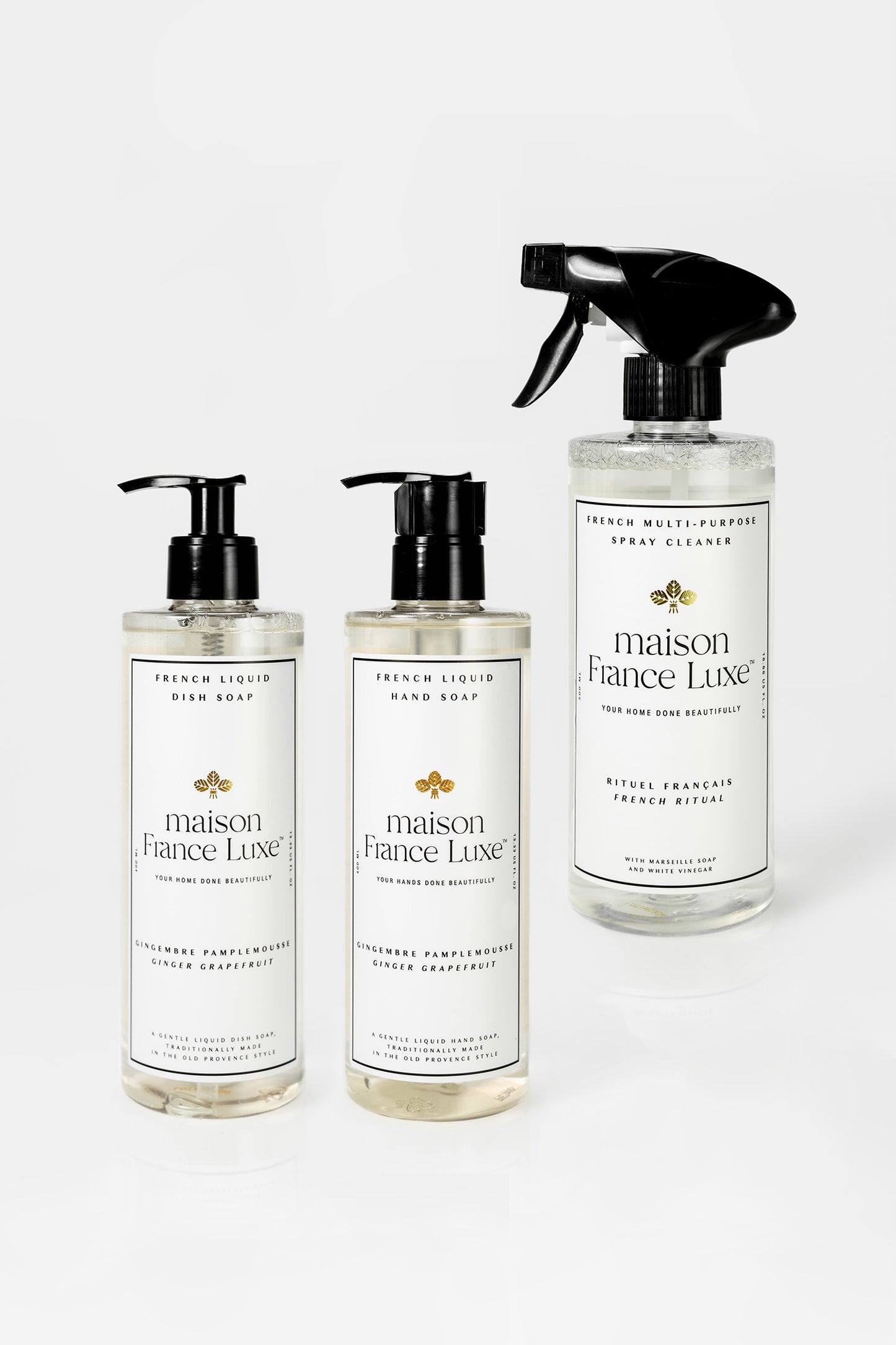 Maison France Luxe Countertop Cleaning Bundle, includes Ginger Grapefruit scented natural dish soap and luxurious hand soap, and natural unscented multipurpose cleaning spray