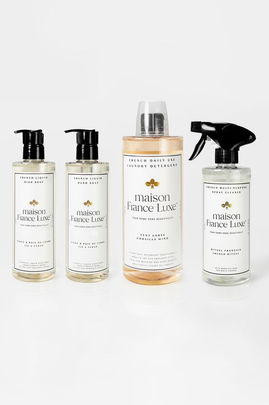Natural & Luxurious Home Cleaning Bundle, includes Fig & Cedar dish soap and hand soap, Corsican Wind laundry detergent and unscented multipurpose spray cleaner